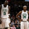 BOSTON - FEBRUARY 08:  Paul Pierce #34 and Kevin Garnett #5 of the Boston Celtics react after losing to the San Antonio Spurs on February 8, 2009 at TD Banknorth Garden in Boston, Massachusetts. The Spurs defeated the Celtics 105-99. NOTE TO USER: User ex