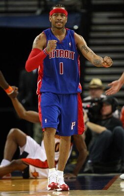 OAKLAND, CA - NOVEMBER 13: Allen Iverson #1 of the Detroit Pistons celebrates in the third quarter against the Golden State Warriors during an NBA game on November 13, 2008 at Oracle Arena in Oakland, California. NOTE TO USER: User expressly acknowledges 
