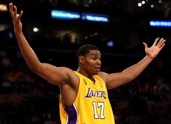 LOS ANGELES, CA - JUNE 04:  Andrew Bynum #17 of the Los Angeles Lakers reacts to a call against the Orlando Magic in Game One of the 2009 NBA Finals at Staples Center on June 4, 2009 in Los Angeles, California. NOTE TO USER: User expressly acknowledges an