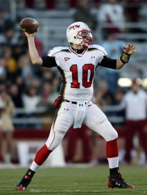 CHESTNUT HILL, MA - NOVEMBER 29:  Chris Turner #10 of the Maryland Terrapins passes the ball in the first quarter against the Boston College Eagles on November 29, 2008 at Alumni Stadium in Chestnut Hill, Massachusetts.  (Photo by Elsa/Getty Images)