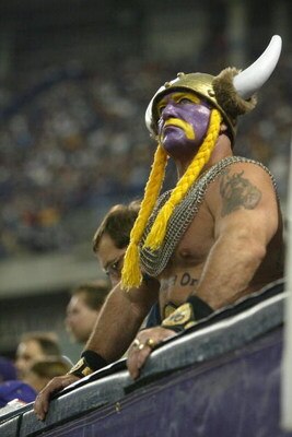 MINNEAPOLIS - SEPTEMBER 26:  A fan of the Minnesota Vikings wears face paint and a viking hat during the game against the Chicago Bears at the Hubert H. Humphrey Metrodome on September 26, 2004 in Minneapolis, Minnesota. The Vikings defeated the Bears 27-