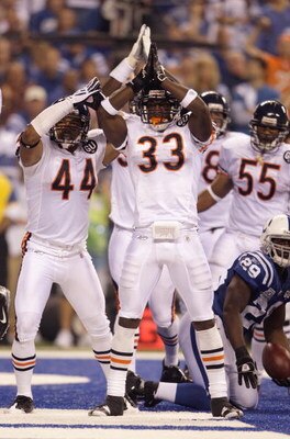 INDIANAPOLIS - SEPTEMBER 07:  Kevin Payne #44 and Charles Tillman #33 of the Chicago Bears signal for a safety during the NFL game against the Indianapolis Colts at Lucas Oil Stadium on September 7, 2008 in Indianapolis, Indiana.  The Bears defeated the C