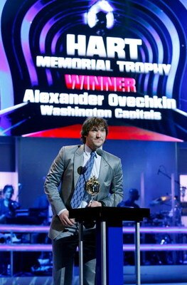LAS VEGAS - JUNE 18:  Alexander Ovechkin of the Washington Capitals accepts the Hart Memorial Trophy during the 2009 NHL Awards at The Pearl concert theater at the Palms Casino Resort on June 18, 2009 in Las Vegas, Nevada.  (Photo by Ethan Miller/Getty Im