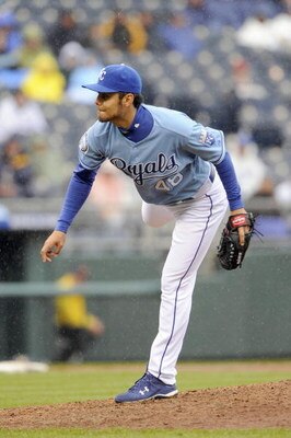 KANSAS CITY, MO - APRIL 12:  Joakim Soria #48 of the Kansas City Royals delivers the pitch against the New York Yankees on April 12, 2009 at Kauffman Stadium in Kansas City, Missouri. (Photo by G. Newman Lowrance/Getty Images)