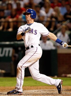 ARLINGTON, TX - JULY 22:  Third baseman Michael Young #10 of the Texas Rangers on July 22, 2009 at Rangers Ballpark in Arlington, Texas.  (Photo by Ronald Martinez/Getty Images)