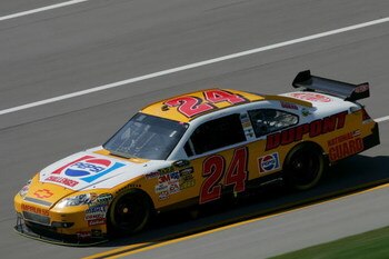 TALLADEGA, AL - APRIL 24:  Jeff Gordon, driver of the #24 Dupont/Pepsi Throwback Challenger Chevrolet, drives during practice for the NASCAR Sprint Cup Series Aaron's 499 at Talladega Superspeedway on April 24, 2009 in Talladega, Alabama.  (Photo by Todd 