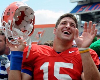 GAINESVILLE, FL - APRIL 18: Quarterback Tim Tebow #15 of the University of Florida celebrates after the spring football orange and blue game April 18, 2009 at Ben Hill Griffin Stadium in Gainesville, Florida.  (Photo by Al Messerschmidt/Getty Images)
