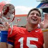GAINESVILLE, FL - APRIL 18: Quarterback Tim Tebow #15 of the University of Florida celebrates after the spring football orange and blue game April 18, 2009 at Ben Hill Griffin Stadium in Gainesville, Florida.  (Photo by Al Messerschmidt/Getty Images)