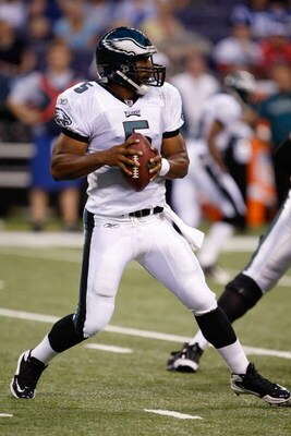 INDIANAPOLIS, IN - AUGUST 20: Quarterback Donovan McNabb #5 of the of the Philadelphia Eagles drops back to pass  the football against the Indianapolis Colts at Lucas Oil Stadium on August 20, 2009 in Indianapolis, Indiana. (Photo by Scott Boehm/Getty Ima