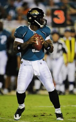 JACKSONVILLE, FL - AUGUST 22:  Quarterback David Garrard #9 of the Jacksonville Jaguars drops back to pass the ball during the game against the Tampa Bay Buccaneers at Jacksonville Municipal Stadium on August 22, 2009 in Jacksonville, Florida.  (Photo by 