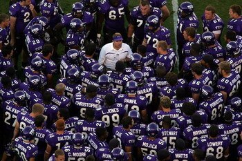 FORT WORTH, TX -SEPTEMBER 28:  Head coach Gary Patterson of the Texas Christian University Horned Frogs talks to his team during halftime against the Brigham Young University Cougars at Amon G. Carter Stadium on September 28, 2006 in Fort Worth, Texas.  (