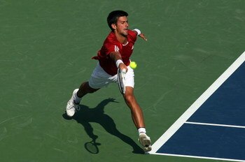 CINCINNATI - AUGUST 21:  Novak Djokovic of Serbia hits a forehand against Gilles Simon of France during day five of the Western & Southern Financial Group Masters on August 21, 2009 at the Lindner Family Tennis Center in Cincinnati, Ohio.  (Photo by Nick 