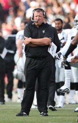 SAN FRANCISCO - AUGUST 22:  Head coach Tom Cable of the Oakland Raiders looks on against the San Francisco 49ers during a preseason game on August 22, 2009 at Candlestick Park in San Francisco, California.  (Photo by Jed Jacobsohn/Getty Images)