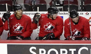 CALGARY, CANADA - AUGUST 24: The forward line of, from left, Jarome Iginla, Sidney Crosby and Rick Nash during the second practice of the Team Canada Olympic Orientation Camp on August 24, 2009 at the Pengrowth Saddledome in Calgary, Alberta, Canada. (Pho
