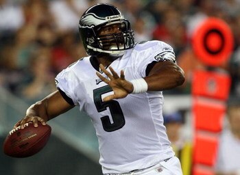 PHILADELPHIA - AUGUST 13:  Donovan McNabb #5 of the Philadelphia Eagles throws a pass against the New England Patriots on August 13, 2009 at Lincoln Financial Field in Philadelphia, Pennsylvania.  (Photo by Jim McIsaac/Getty Images)