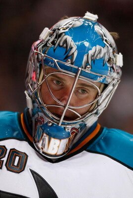 ANAHEIM, CA - APRIL 27:  Evgeni Nabokov #20 of the San Jose Sharks stands on the ice during the Sharks 4-1 loss to the Anaheim Ducks during Game Six of the Western Conference Quarterfinal Round of the 2009 Stanley Cup Playoffs at the Honda Center on April