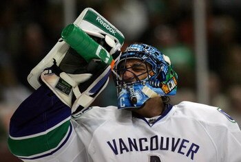 ANAHEIM, CA - MARCH 11:  Goaltender Roberto Luongo #1 of the Vancouver Canucks takes a drink during a break in their NHL game against the Anaheim Ducks at Honda Center on March 11, 2009 in Anaheim, California. The Ducks defeated the Canucks 4-3 in overtim