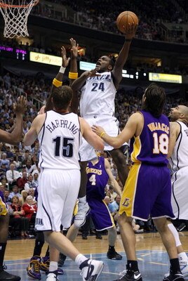 SALT LAKE CITY - MAY 16:  Paul Millsap #24 of the Utah Jazz goes up for a shot in the lane while taking on the Los Angeles Lakers in Game Six of the Western Conference Semifinals during the 2008 NBA Playoffs at EnergySolutions Arena on May 16, 2008 in Sal