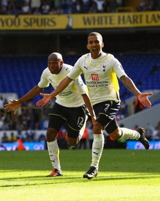 LONDON, ENGLAND - AUGUST 29:  Aaron Lennon of Tottenham Hotspur celebrates his goal during the Barclays Premier League match between Tottenham Hotspur and Birmingham City at White Hart Lane on August 29, 2009 in London, England.  (Photo by Clive Rose/Gett
