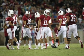 STANFORD, CA - SEPTEMBER 20:  Aaron Zagory #11 of the Stanford Cardinals celebrates after kicking a field goal in the second half against the San Jose State Spartans at Stanford Stadium on September 20, 2008 in Stanford, California.  (Photo by Jed Jacobso
