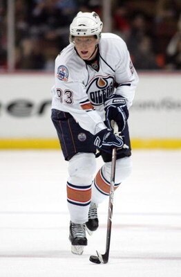 ANAHEIM, CA - MARCH 27:  Ales Hemsky #83 of the Edmonton Oilers plays the puck through the neutral zone during the NHL game against the Anaheim Ducks at Honda Center on March 27, 2009 in Anaheim, California. The Oilers defeated the Ducks 5-3.  (Photo by V