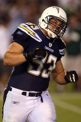 SAN DIEGO - SEPTEMBER 22:  Luis Castillo #93 of the San Diego Chargers reacts after a sack on quarterback Brett Favre #4 of the  New York Jets on September 22, 2008 at Qualcomm Stadium in San Diego, California.  (Photo by Stephen Dunn/Getty Images)