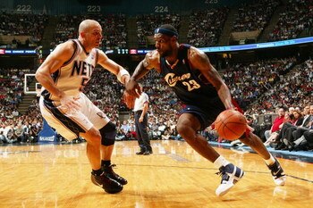 EAST RUTHERFORD, NJ - MAY 14:  LeBron James #23 of the Cleveland Cavaliers tries to drive around Jason Kidd #5 of the New Jersey Nets in Game Four of the Eastern Conference Semifinals during the 2007 NBA Playoffs on May 14, 2007 at the Continental Airline