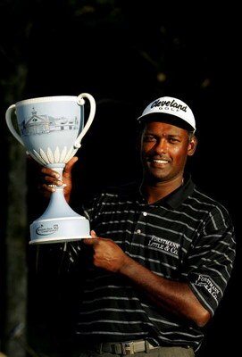 NORTON, MA - SEPTEMBER 6:  Vijay Singh of Fiji poses with the trophy after winning the Deutsche Bank Championship on September 6, 2004 at the TPC of Boston in Norton, Massachusetts.  (Photo by Scott Halleran/Getty Images)