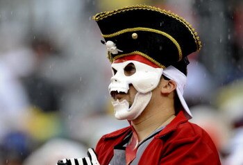 TAMPA, FL - NOVEMBER 30: A fan watches play in the rain as the Tampa Bay Buccaneers host  the New Orleans Saints at Raymond James Stadium on November 30, 2008 in Tampa, Florida.  (Photo by Al Messerschmidt/Getty Images)