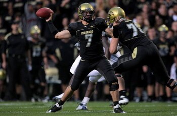 BOULDER, CO - SEPTEMBER 18:  Quarterback Cody Hawkins #7 of the Colorado Buffaloes delivers a pass against the West Virginia Mountaineers at Folsom Field on September 18, 2008 in Boulder, Colorado. Colorado defeated West Virginia 17-14.  (Photo by Doug Pe