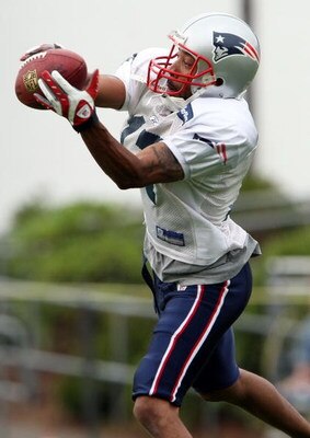 FOXBORO, MA - JULY 31:  Greg Lewis #17 of the New England Patriots makes a catch during training camp on July 31, 2009 at Gillette Stadium in Foxboro, Massachusetts.  (Photo by Elsa/Getty Images)