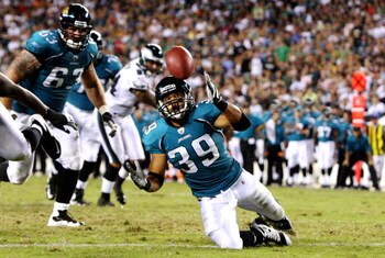 PHILADELPHIA, PA - AUGUST 27:  Alvin Pearman #39 of the Jacksonville Jaguars fumbles the ball in the end zone during the preseason game against the Philadelphia Eagles at Lincoln Financial Field on August 27, 2009 in Philadelphia, Pennsylvania.  (Photo by