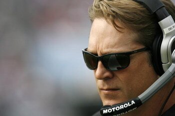 NASHVILLE - NOVEMBER 11, 2007:  Head coach Jack Del Rio of the Jacksonville Jaguars looks on from the sidelines during the NFL game against the Tennessee Titans at the LP Field on November 11, 2007 in Nashville, Tennessee. (Photo by Kevin C. Cox/Getty Ima