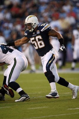 SAN DIEGO - AUGUST 15:  Linebacker Shawne Merriman #56 of the San Diego Chargers pursues the ball against the Seattle Seahawks on August 15, 2009 at Qualcomm Stadium in San Diego, California.  (Photo by Stephen Dunn/Getty Images)