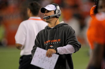 DENVER - AUGUST 30:  Head coach Josh McDaniels of the Denver Broncos directs his team against the Chicago Bears during preseason NFL action at INVESCO Field at Mile High on August 30, 2009 in Denver, Colorado. The Bears defeated the Broncos 27-17.  (Photo