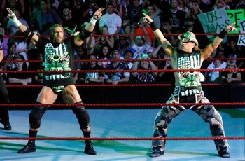 LAS VEGAS - AUGUST 24:  Wrestlers and tag team partners Triple H (L) and Shawn Michaels pose during the WWE Monday Night Raw show at the Thomas & Mack Center August 24, 2009 in Las Vegas, Nevada.  (Photo by Ethan Miller/Getty Images)