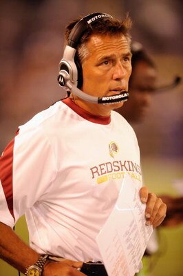 BALTIMORE, MD - AUGUST 13:  Jim Zorn, head coach  of the Washington Redskins, during a NFL preseason football game against the Baltimore Ravens on August 13, 2009 at M & T Bank Stadium in Baltimore, Maryland.   (Photo by Mitchell Layton/Getty Images)