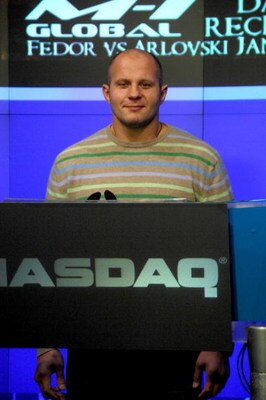 NEW YORK - JANUARY 20:  Fedor Vladimirovich Emelianenko, heavyweight mixed martial artist and current World Alliance of Mixed Martial Arts heavyweight champion rings the NASDAQ opening bell at NASDAQ in Times Square on January 20, 2009 in New York City.  