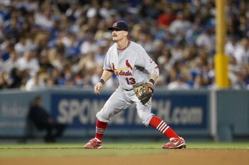 LOS ANGELES, CA - AUGUST 19:  Brendan Ryan #13 of the St. Louis Cardinals gets set for play against the Los Angeles Dodgers at Dodger Stadium on August 19, 2009 in Los Angeles, California.  (Photo by Jeff Gross/Getty Images)