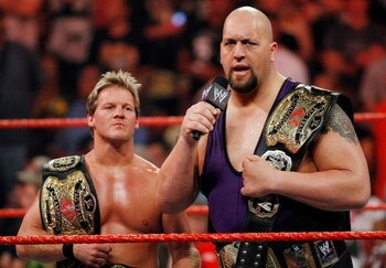 LAS VEGAS - AUGUST 24:  Wrestlers and tag team partners Chris Jericho (L) and Big Show appear in the ring during the WWE Monday Night Raw show at the Thomas & Mack Center August 24, 2009 in Las Vegas, Nevada.  (Photo by Ethan Miller/Getty Images)