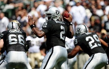 OAKLAND, CA - AUGUST 29:  Quarterback JaMarcus Russell #2 of the Oakland Raiders looks to pass during the preseason game against the the New Orleans Saints at Oakland-Alameda County Coliseum on August 29, 2009 in Oakland, California. (Photo by Jed Jacobso