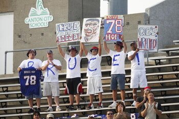 CANTON, OH - AUGUST 8: Buffalo Bills fans cheer for Bruce Smith prior to his induction into the Pro Football Hall of Fame during the 2009 enshrinement ceremony at Fawcett Stadium on August 8, 2009 in Canton, Ohio. (Photo by Joe Robbins/Getty Images)