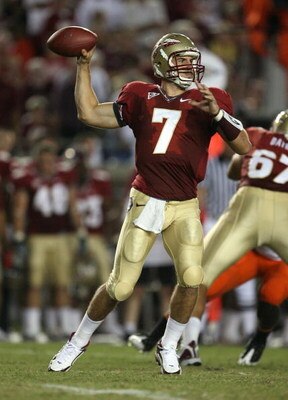 TALLAHASSEE, FL - SEPTEMBER 07:  Quarterback Christian Ponder #7 of the Florida State Seminoles throws a pass against the Miami Hurricanes at Doak Campbell Stadium on September 7, 2009 in Tallahassee, Florida.  (Photo by Doug Benc/Getty Images)
