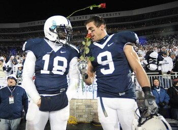 STATE COLLEGE, PA - NOVEMBER 22:  Navorro Bowman #18 and Kevin Cousins #9 of the Penn State Nittany Lions celebrate after clinching the Big Ten title and advancing to the Rose Bowl after the game against the Michigan State Spartans on November 22, 2008 at