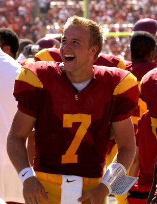 LOS ANGELES, CA - SEPTEMBER 05:  Quarterback Matt Barkley #7 of the USC Trojans laughs on the sidelines during the game against the San Jose State Spartans on September 5, 2009 at the Los Angeles Coliseum in Los Angeles, California.  The Trojans won 56-3.