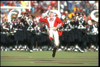 15 OCT 1988:  THE OHIO STATE BAND LEADER LEADS HIS BAND ONTO THE FIELD AT HALFTIME DURING THE BUCKEYES 31-26 LOSS TO THE UNIVERSITY OF PURDUE BOILERMAKERS AT OHIO STADIUM IN COLUMBUS, OHIO.