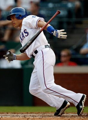 ARLINGTON, TX - SEPTEMBER 01:  Designated hitter Ivan Rodriguez #7 of the Texas Rangers hits a single against the Toronto Blue Jays on September 1, 2009 at Rangers Ballpark in Arlington, Texas.  (Photo by Ronald Martinez/Getty Images)