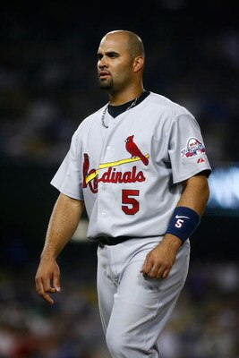 LOS ANGELES, CA - AUGUST 19:  Albert Pujols #5 of the St. Louis Cardinals looks on during the game against the Los Angeles Dodgers at Dodger Stadium on August 19, 2009 in Los Angeles, California.  (Photo by Jeff Gross/Getty Images)