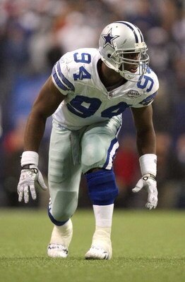 IRVING, TX - DECEMBER 20:  DeMarcus Ware #94 of the Dallas Cowboys lines up from the right side of the defense during their NFL game against the Baltimore Ravens at Texas Stadium on December 20, 2008 in Irving, Texas. The Ravens defeated the Cowboys 33-24