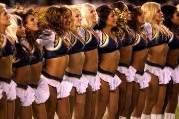 SAN DIEGO - SEPTEMBER 4:  The Chargers Girls cheerleaders perform duing the game between the San Diego Chargers and the San Francisco 49ers on September 4, 2009 at Qualcomm Stadium in San Diego, California.   The Chrgers won 26-7.  (Photo by Stephen Dunn/